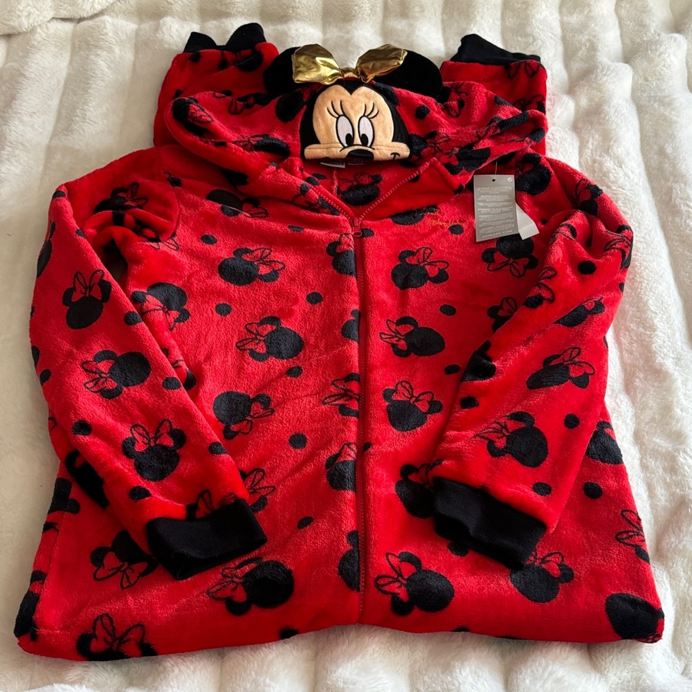 Girls Minnie Mouse Red & Black Plush Hoodie Onesie 14 15 NWT NEW Zipper